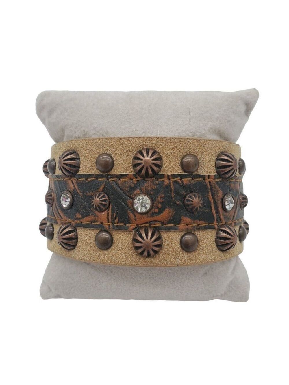 JEWELRY Brown Leather Bracelet Studs Rhinestones Size 8.5" Length